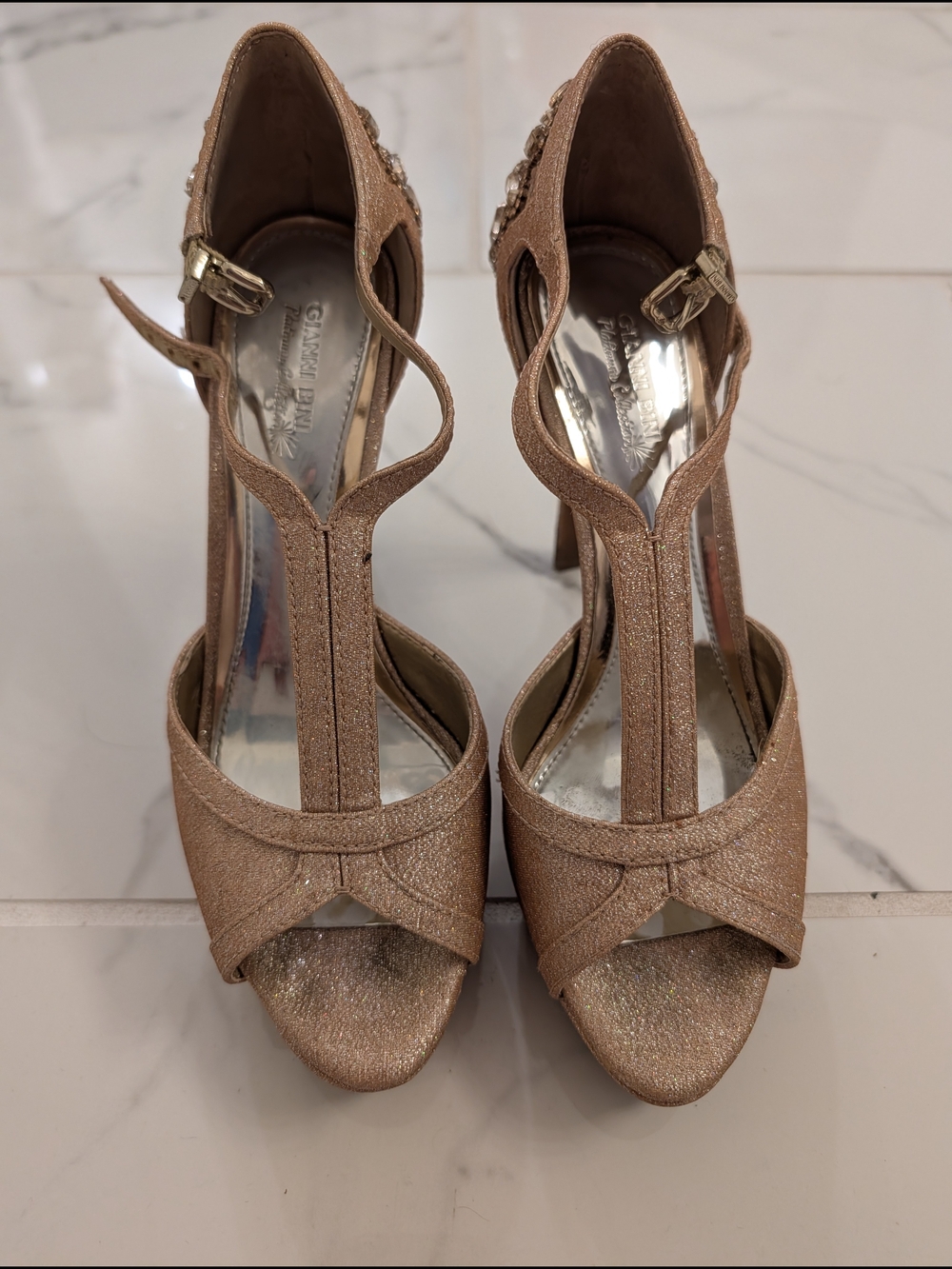 Gianni Bini Glam Metallic T-Strap Heel Sandals in Rose Gold